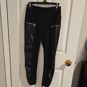 Sleek Black Leggings with Faux Leather Accents RED CORAL